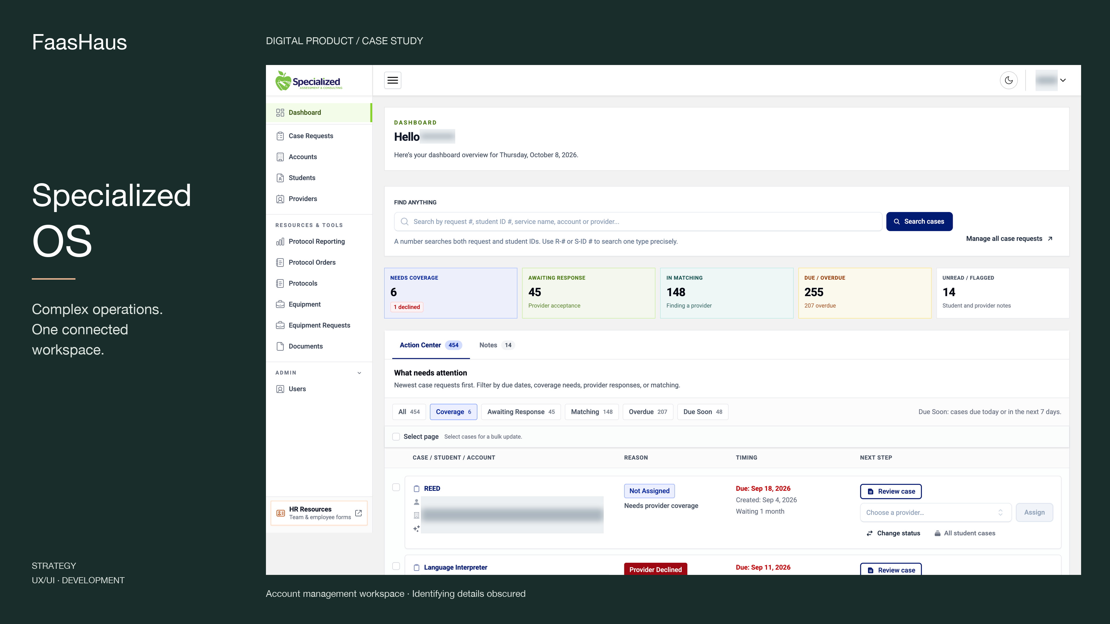 Specialized OS account management dashboard showing service request queues, search, and provider assignment tools, with identifying details obscured.